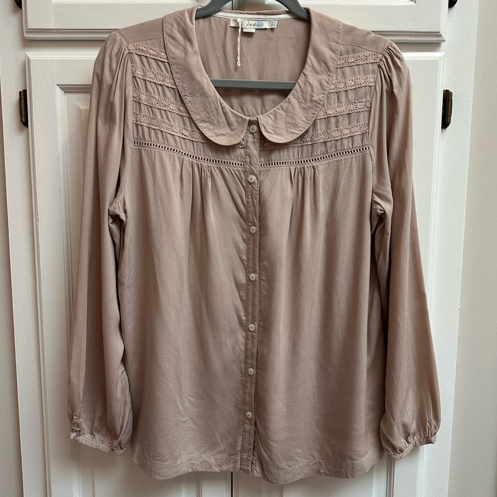 Boden Button Down Rounded Collar Blouse in Neutral Beige Color Size 12